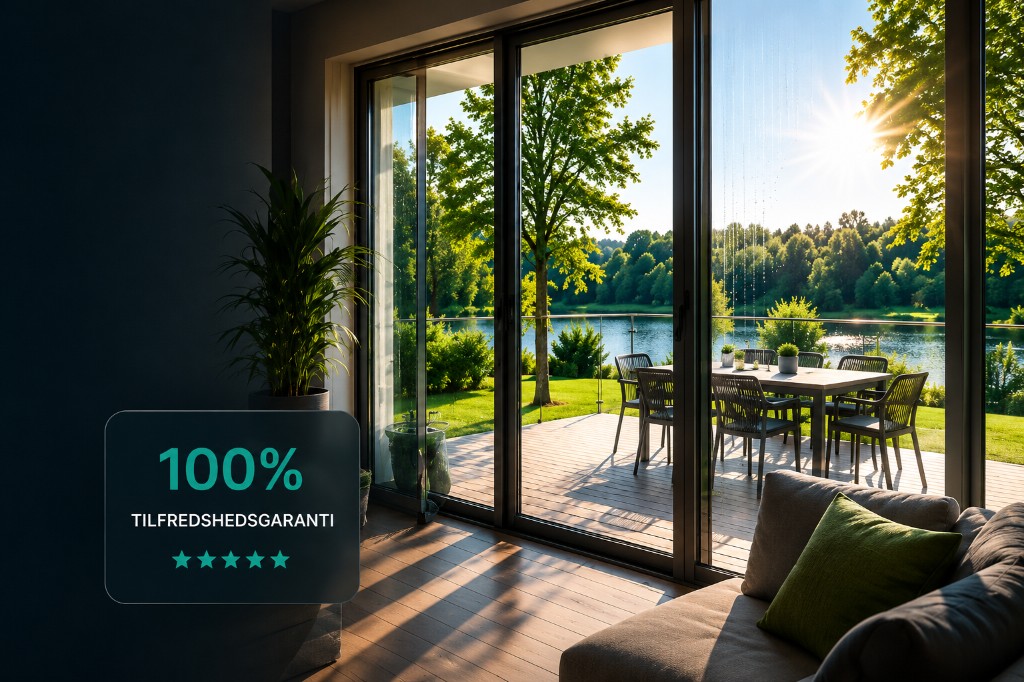Udsigt gennem rene vinduer mod terrasse og sø med 100% tilfredshedsgaranti